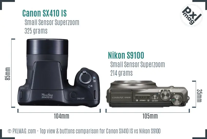 Canon SX410 IS vs Nikon S9100 top view buttons comparison