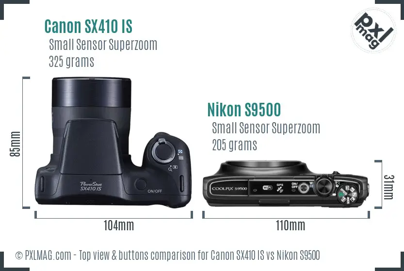 Canon SX410 IS vs Nikon S9500 top view buttons comparison Canon SX410 IS vs Nikon S9500 top view buttons comparison