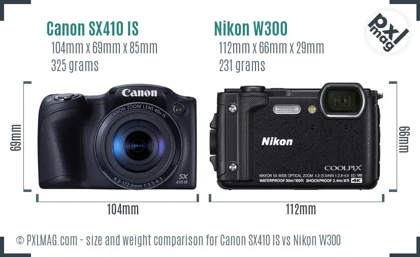 Canon SX410 IS vs Nikon W300 size comparison