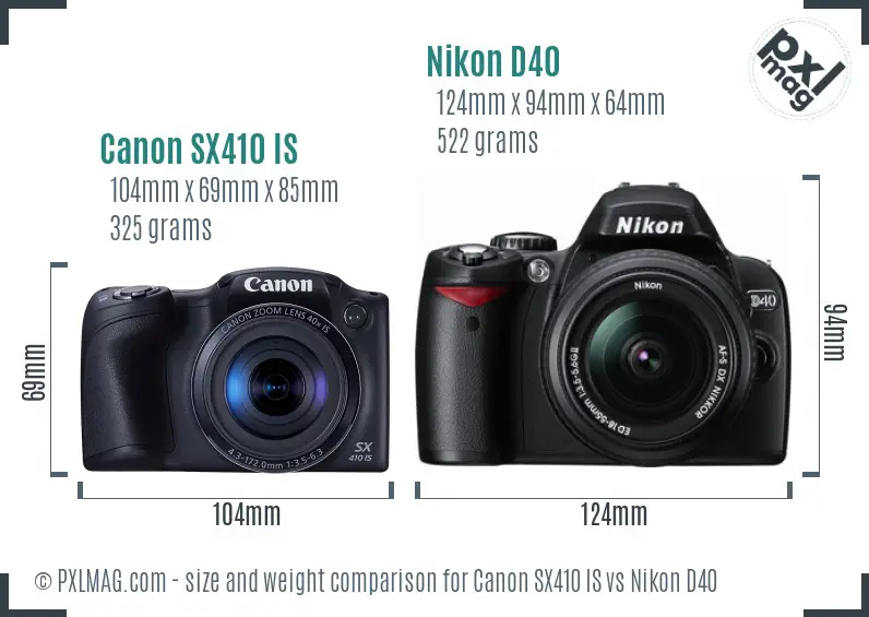 Canon SX410 IS vs Nikon D40 size comparison