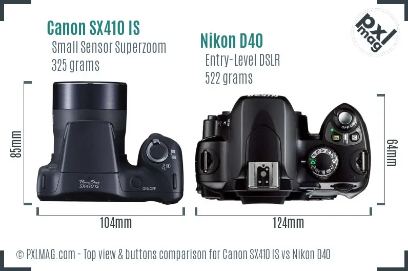 Canon SX410 IS vs Nikon D40 top view buttons comparison