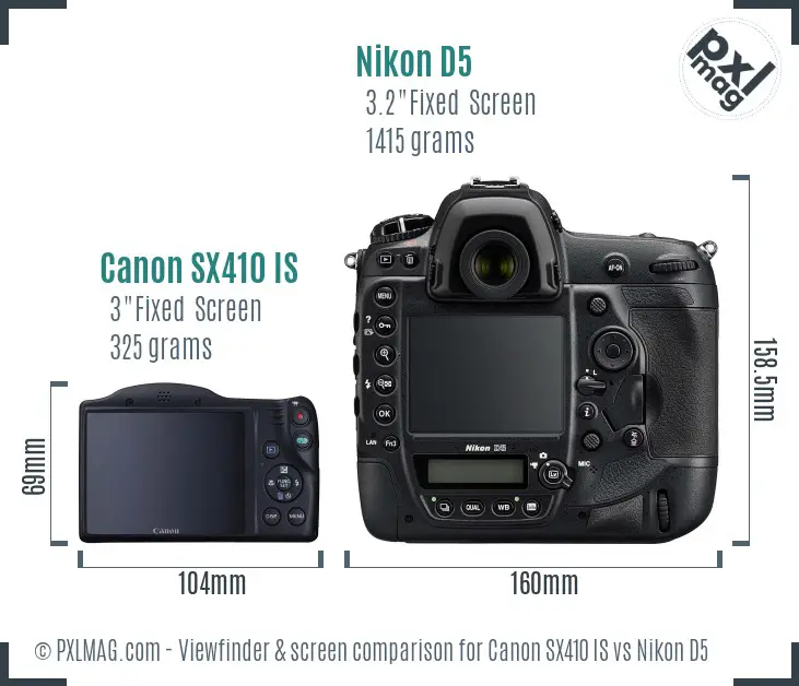 Canon SX410 IS vs Nikon D5 Screen and Viewfinder comparison