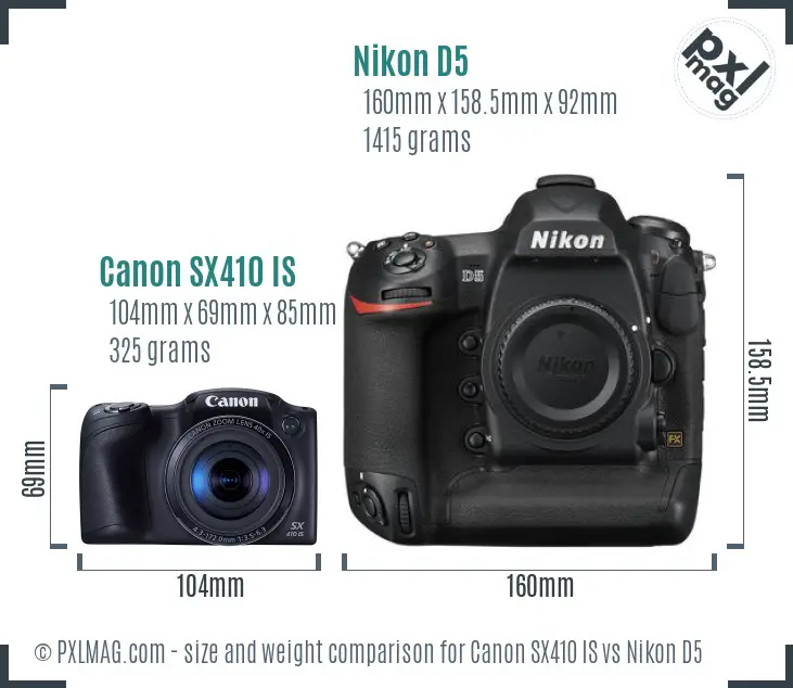 Canon SX410 IS vs Nikon D5 size comparison