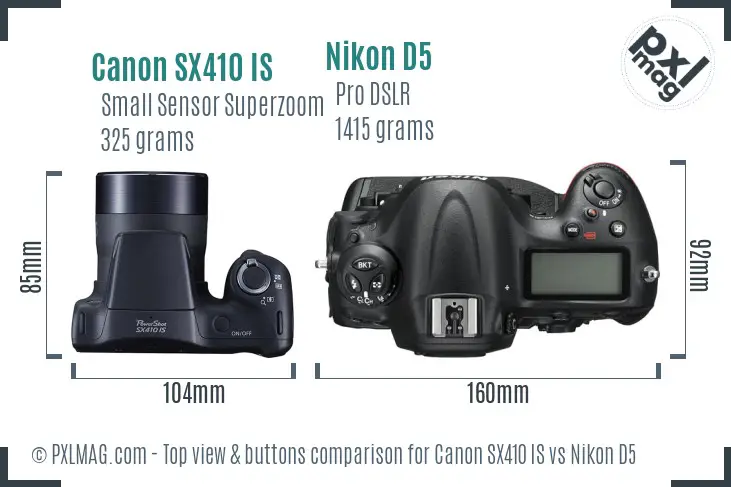 Canon SX410 IS vs Nikon D5 top view buttons comparison