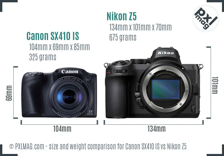 Canon SX410 IS vs Nikon Z5 size comparison