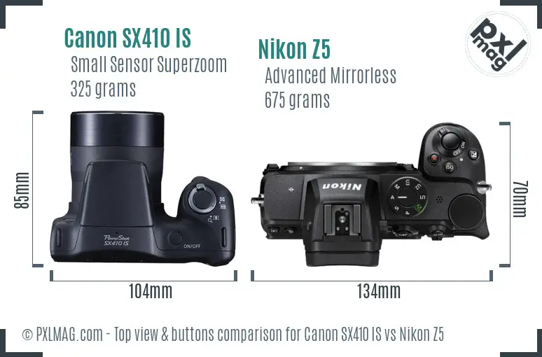 Canon SX410 IS vs Nikon Z5 top view buttons comparison