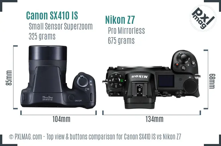 Canon SX410 IS vs Nikon Z7 top view buttons comparison