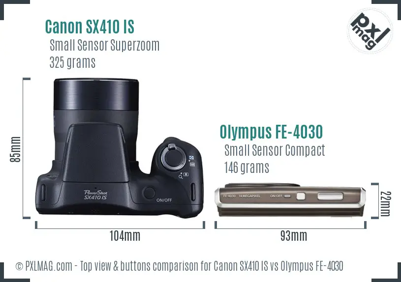 Canon SX410 IS vs Olympus FE-4030 top view buttons comparison