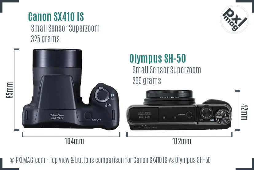 Canon SX410 IS vs Olympus SH-50 top view buttons comparison Canon SX410 IS vs Olympus SH-50 top view buttons comparison