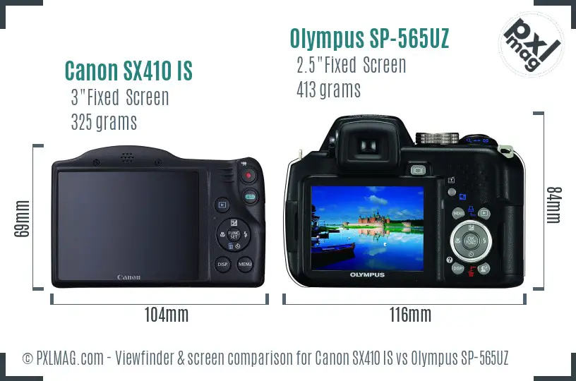 Canon SX410 IS vs Olympus SP-565UZ Screen and Viewfinder comparison