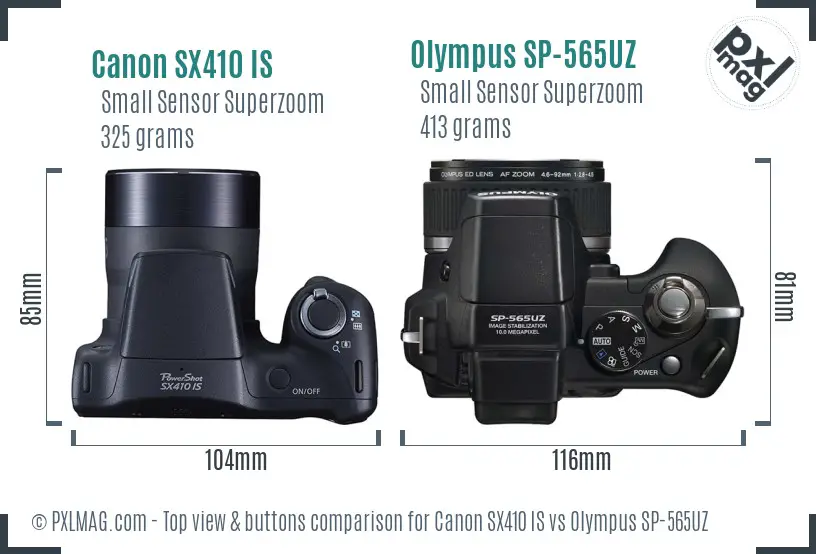 Canon SX410 IS vs Olympus SP-565UZ top view buttons comparison