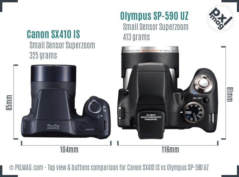 Canon SX410 IS vs Olympus SP-590 UZ top view buttons comparison