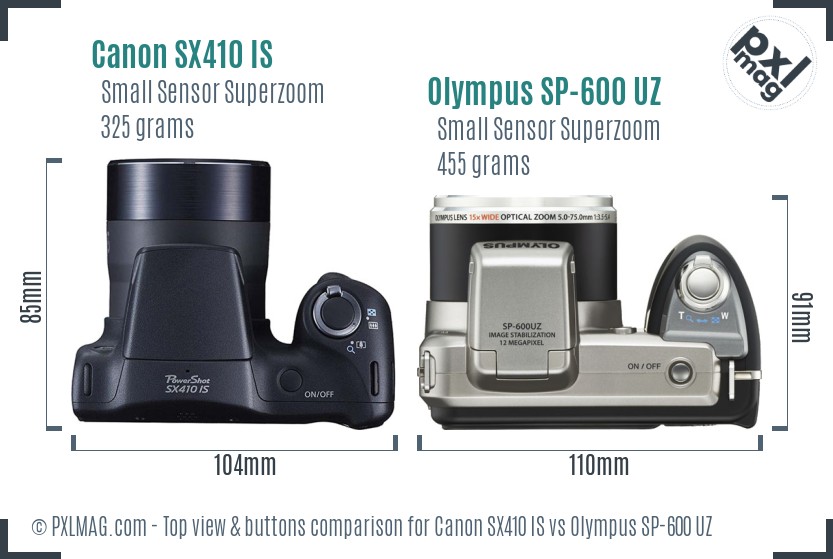 Canon SX410 IS vs Olympus SP-600 UZ top view buttons comparison