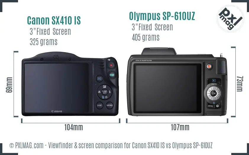 Canon SX410 IS vs Olympus SP-610UZ Screen and Viewfinder comparison