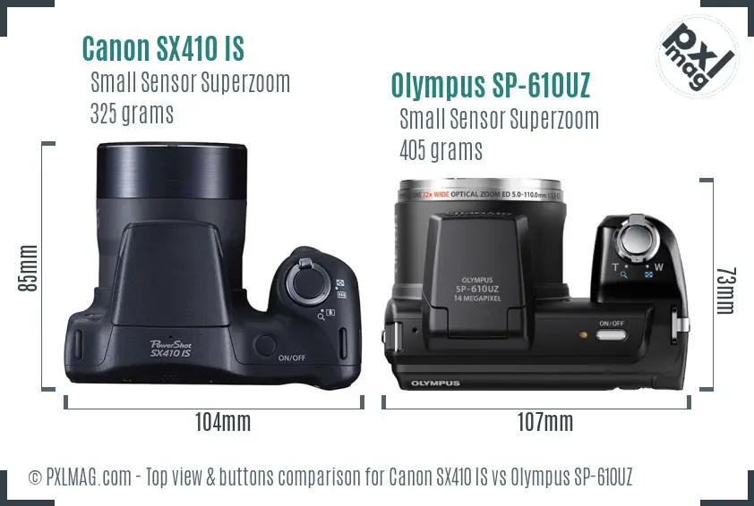 Canon SX410 IS vs Olympus SP-610UZ top view buttons comparison