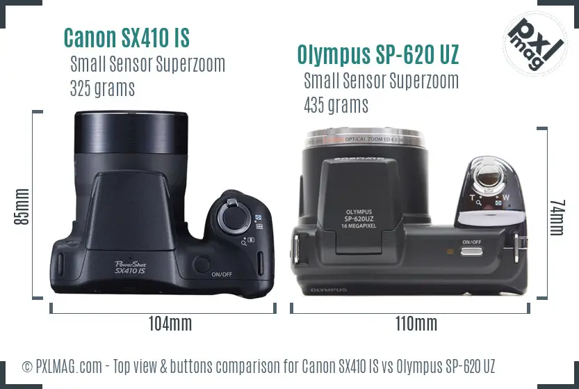 Canon SX410 IS vs Olympus SP-620 UZ top view buttons comparison