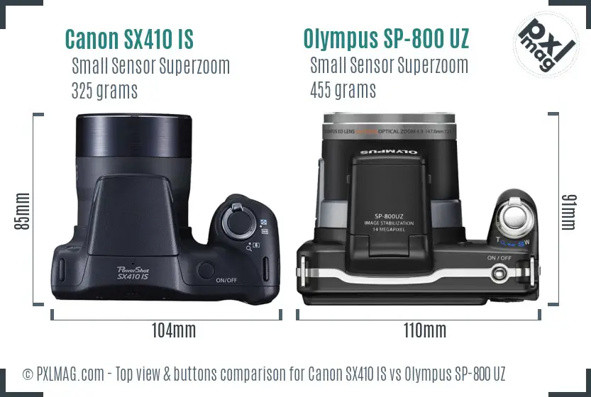 Canon SX410 IS vs Olympus SP-800 UZ top view buttons comparison