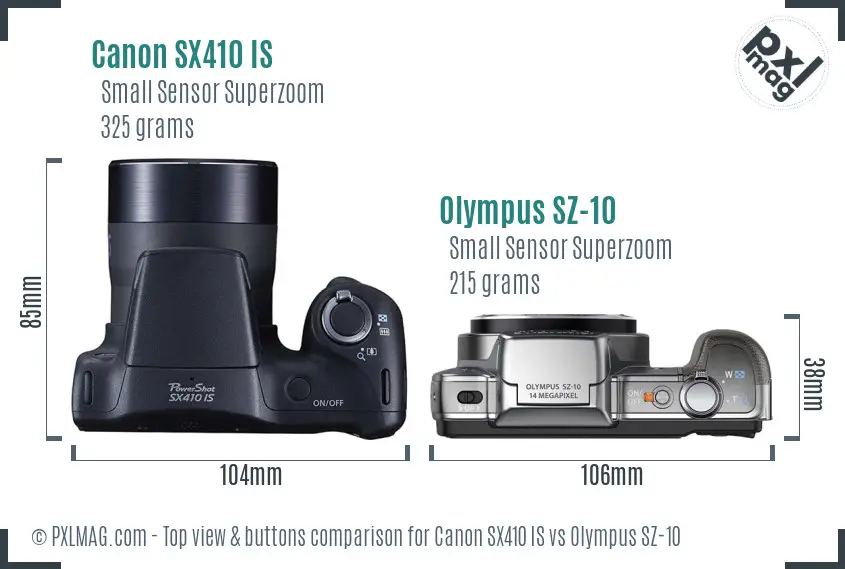 Canon SX410 IS vs Olympus SZ-10 top view buttons comparison Canon SX410 IS vs Olympus SZ-10 top view buttons comparison