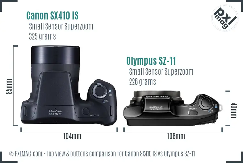 Canon SX410 IS vs Olympus SZ-11 top view buttons comparison Canon SX410 IS vs Olympus SZ-11 top view buttons comparison