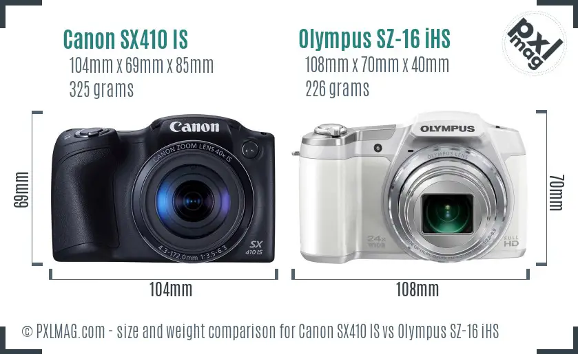 Canon SX410 IS vs Olympus SZ-16 iHS size comparison