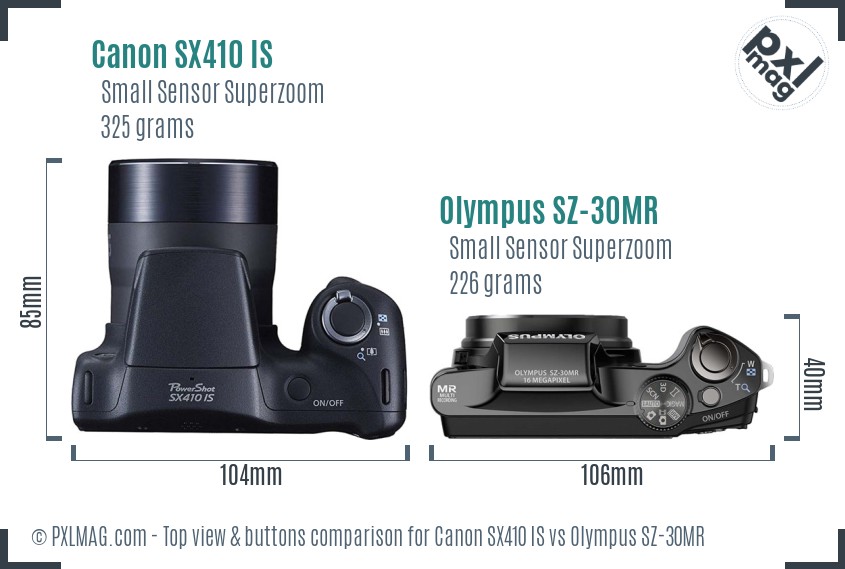 Canon SX410 IS vs Olympus SZ-30MR top view buttons comparison