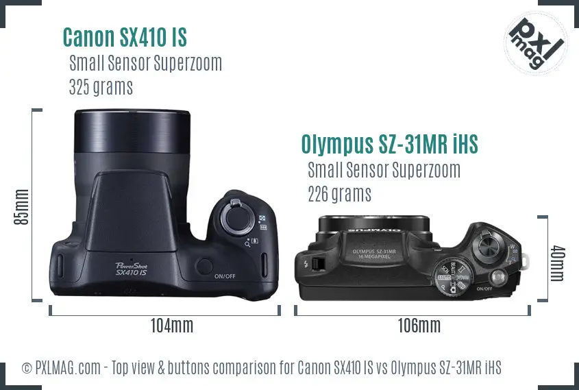 Canon SX410 IS vs Olympus SZ-31MR iHS top view buttons comparison Canon SX410 IS vs Olympus SZ-31MR iHS top view buttons comparison