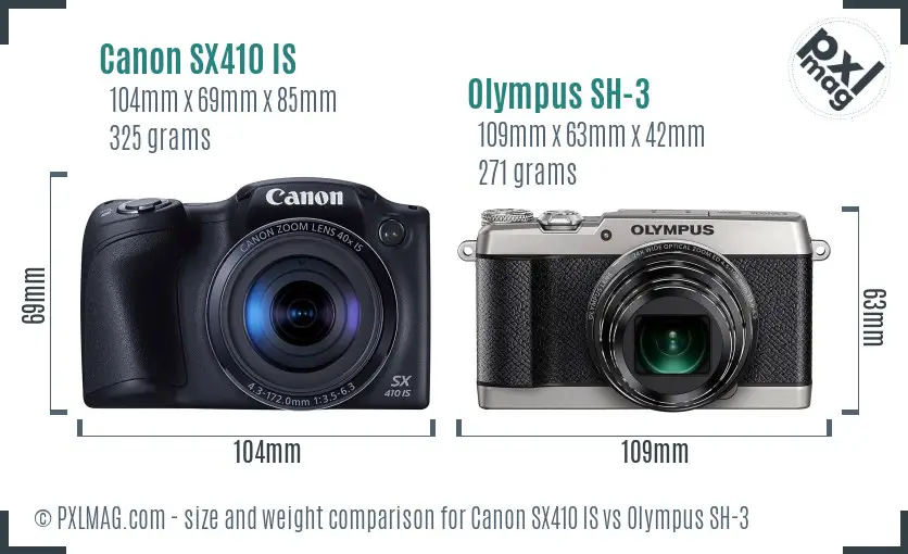 Canon SX410 IS vs Olympus SH-3 size comparison