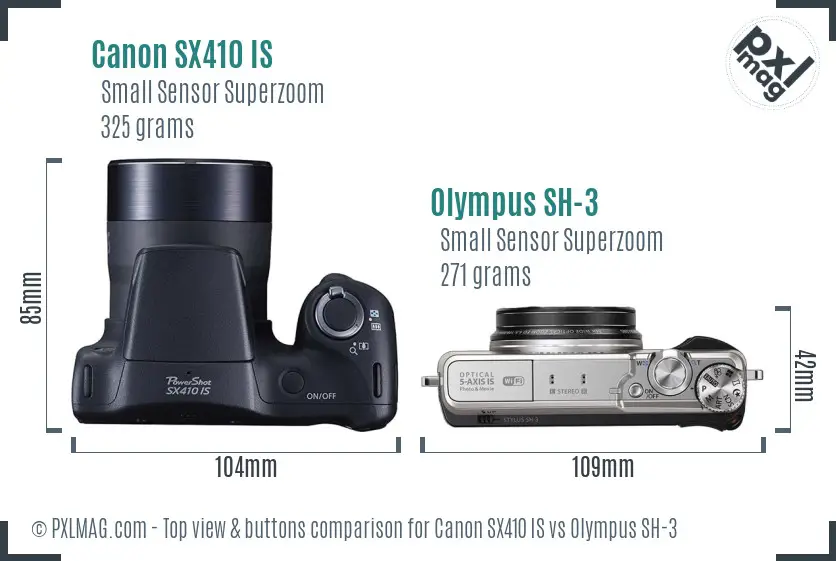Canon SX410 IS vs Olympus SH-3 top view buttons comparison