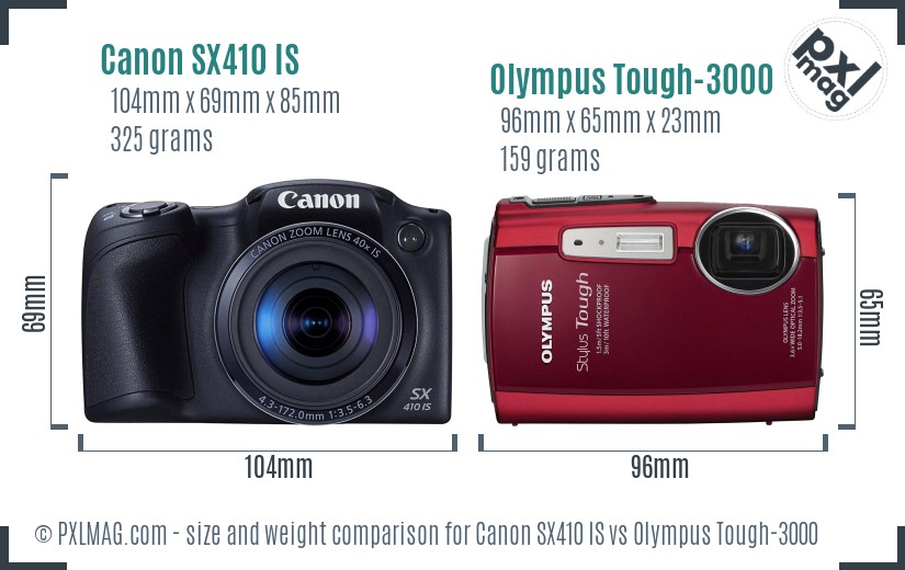 Canon SX410 IS vs Olympus Tough-3000 size comparison