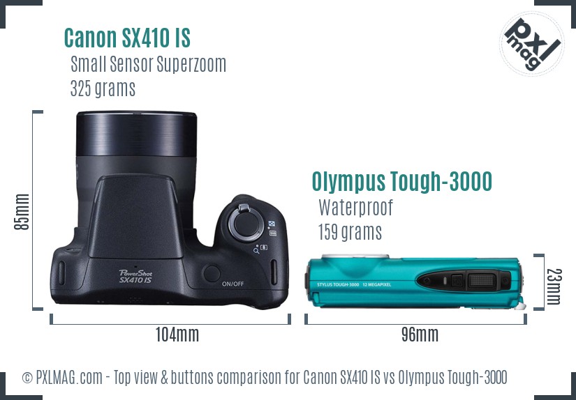Canon SX410 IS vs Olympus Tough-3000 top view buttons comparison
