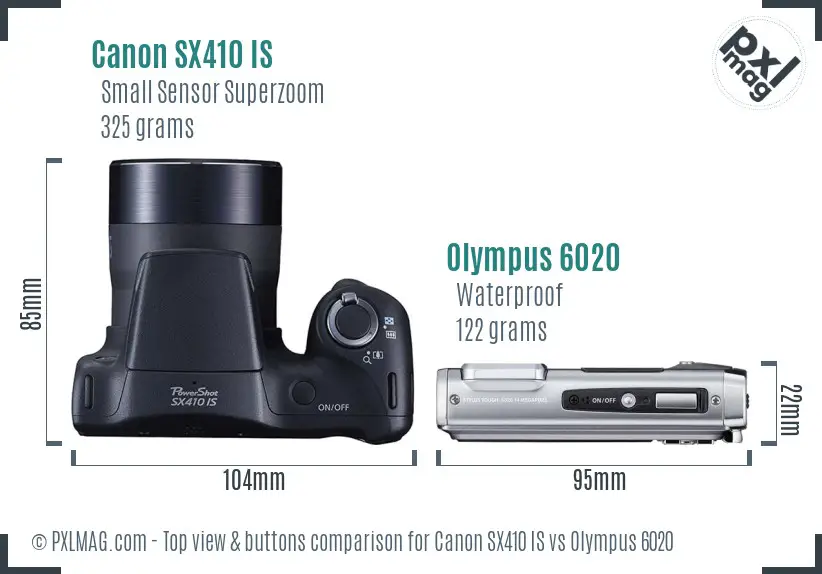 Canon SX410 IS vs Olympus 6020 top view buttons comparison Canon SX410 IS vs Olympus 6020 top view buttons comparison