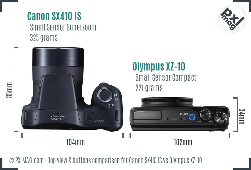 Canon SX410 IS vs Olympus XZ-10 top view buttons comparison