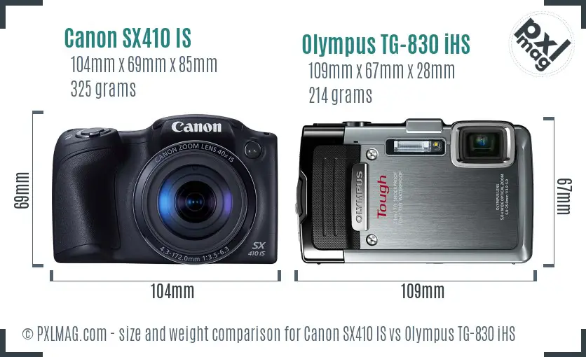 Canon SX410 IS vs Olympus TG-830 iHS size comparison