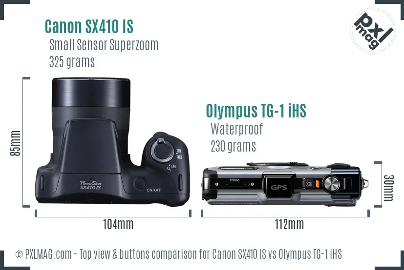 Canon SX410 IS vs Olympus TG-1 iHS top view buttons comparison Canon SX410 IS vs Olympus TG-1 iHS top view buttons comparison