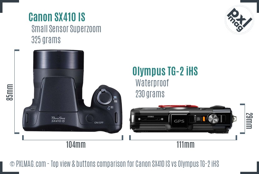 Canon SX410 IS vs Olympus TG-2 iHS top view buttons comparison