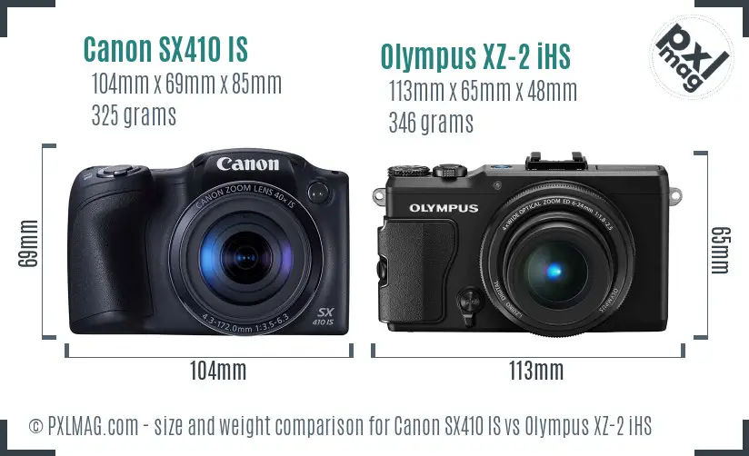 Canon SX410 IS vs Olympus XZ-2 iHS size comparison