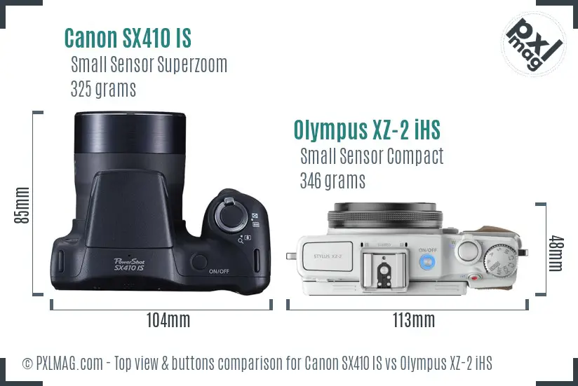 Canon SX410 IS vs Olympus XZ-2 iHS top view buttons comparison