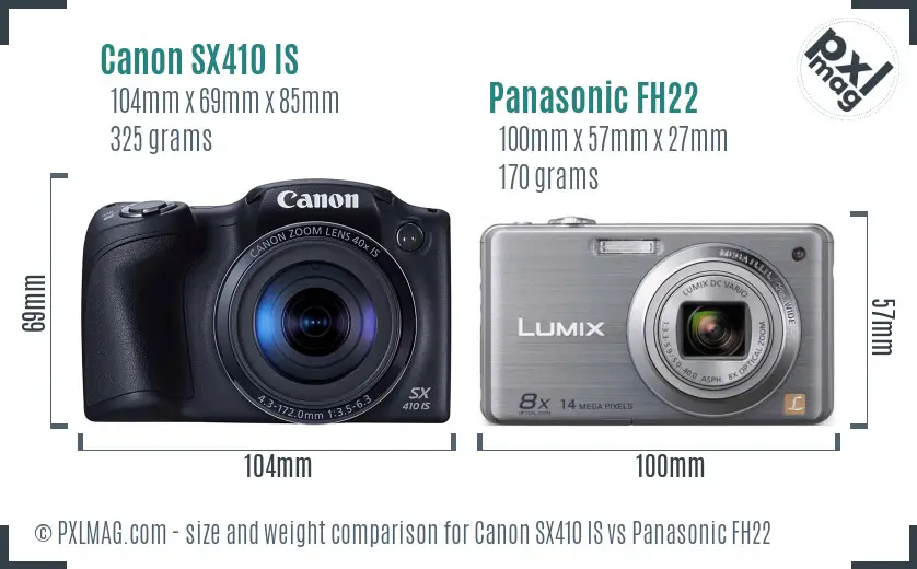 Canon SX410 IS vs Panasonic FH22 size comparison