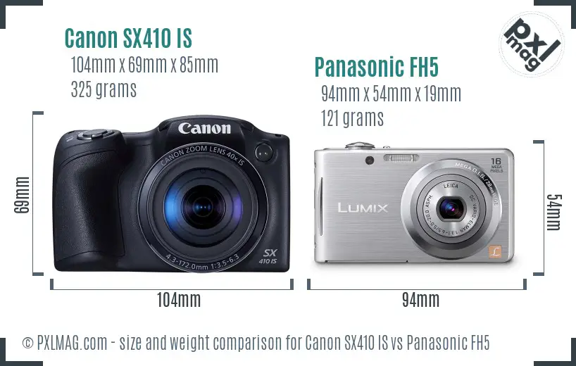 Canon SX410 IS vs Panasonic FH5 size comparison