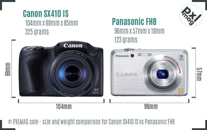 Canon SX410 IS vs Panasonic FH8 size comparison