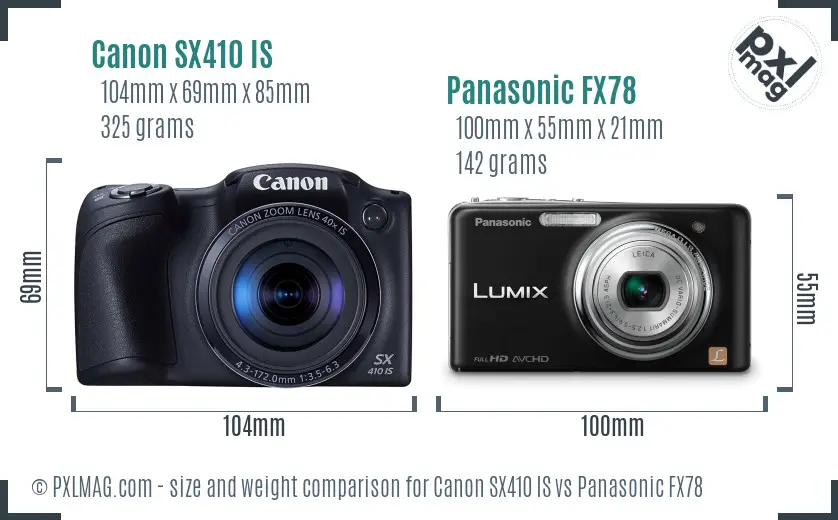 Canon SX410 IS vs Panasonic FX78 size comparison