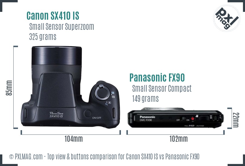 Canon SX410 IS vs Panasonic FX90 top view buttons comparison