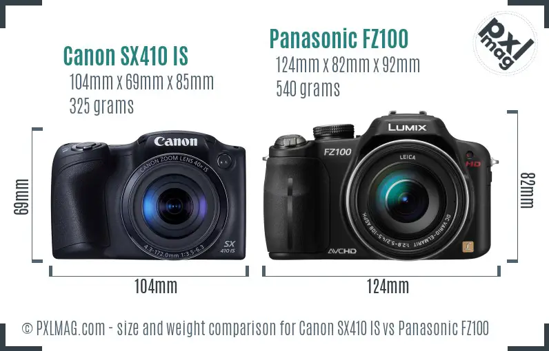 Canon SX410 IS vs Panasonic FZ100 size comparison Canon SX410 IS vs Panasonic FZ100 size comparison