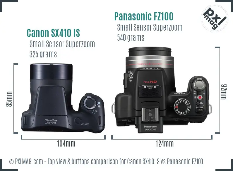 Canon SX410 IS vs Panasonic FZ100 top view buttons comparison Canon SX410 IS vs Panasonic FZ100 top view buttons comparison