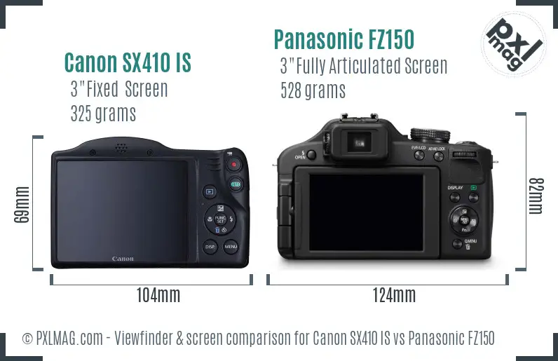 Canon SX410 IS vs Panasonic FZ150 Screen and Viewfinder comparison
