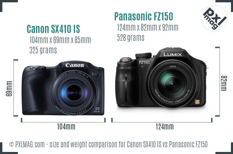 Canon SX410 IS vs Panasonic FZ150 size comparison