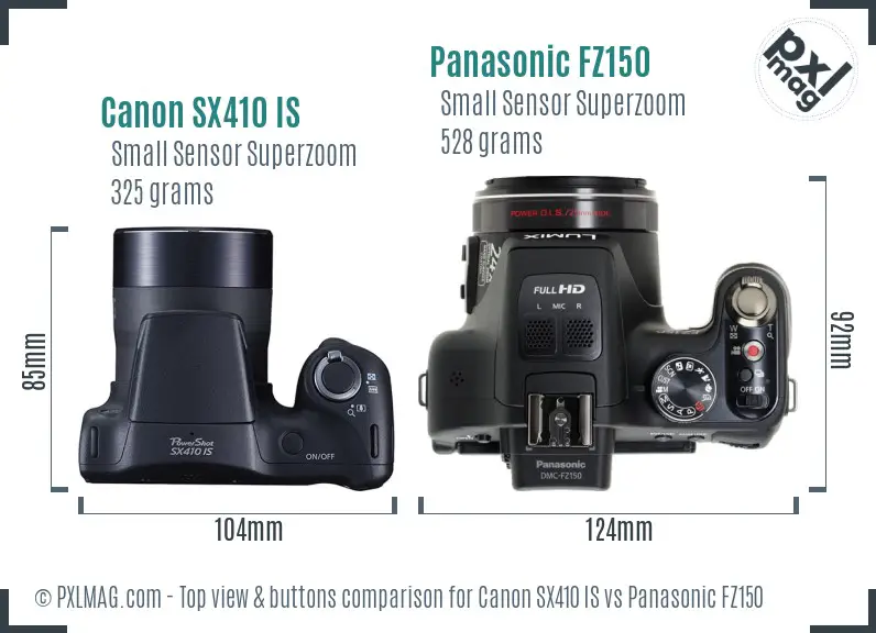 Canon SX410 IS vs Panasonic FZ150 top view buttons comparison