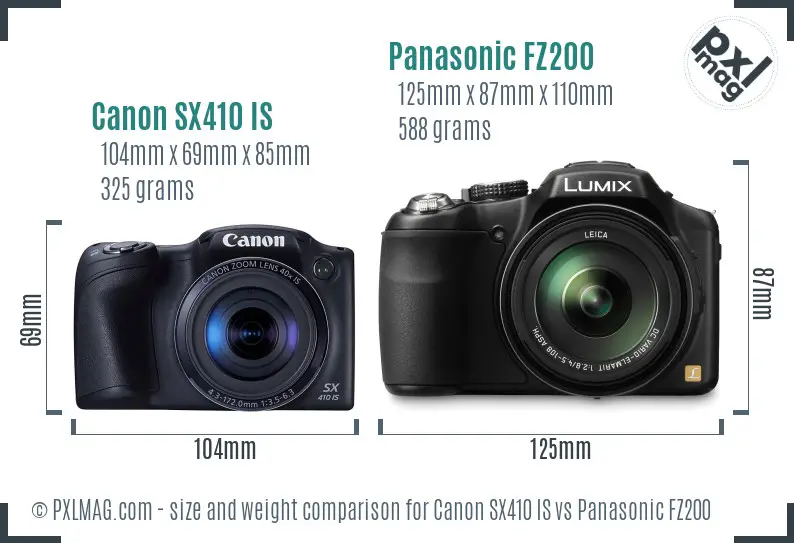 Canon SX410 IS vs Panasonic FZ200 size comparison