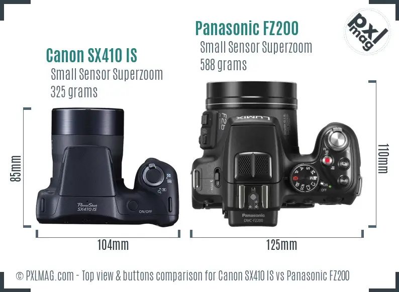 Canon SX410 IS vs Panasonic FZ200 top view buttons comparison
