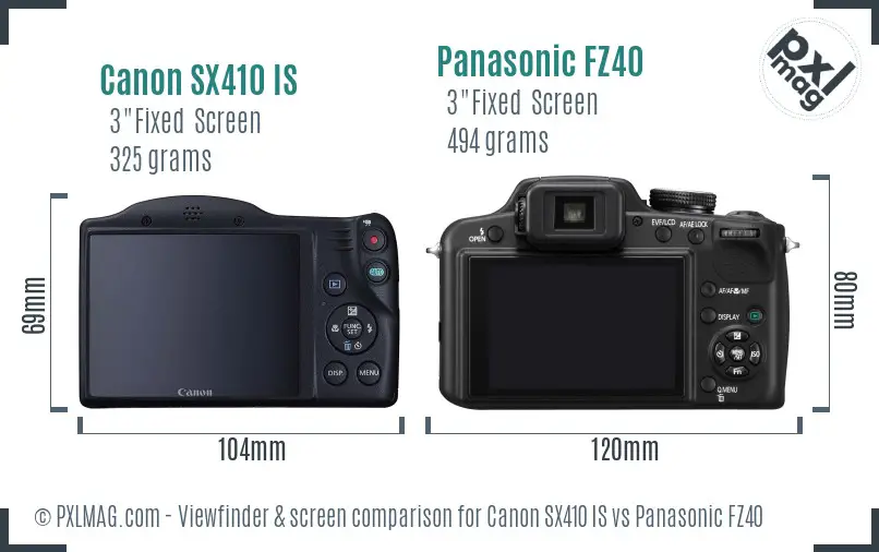 Canon SX410 IS vs Panasonic FZ40 Screen and Viewfinder comparison